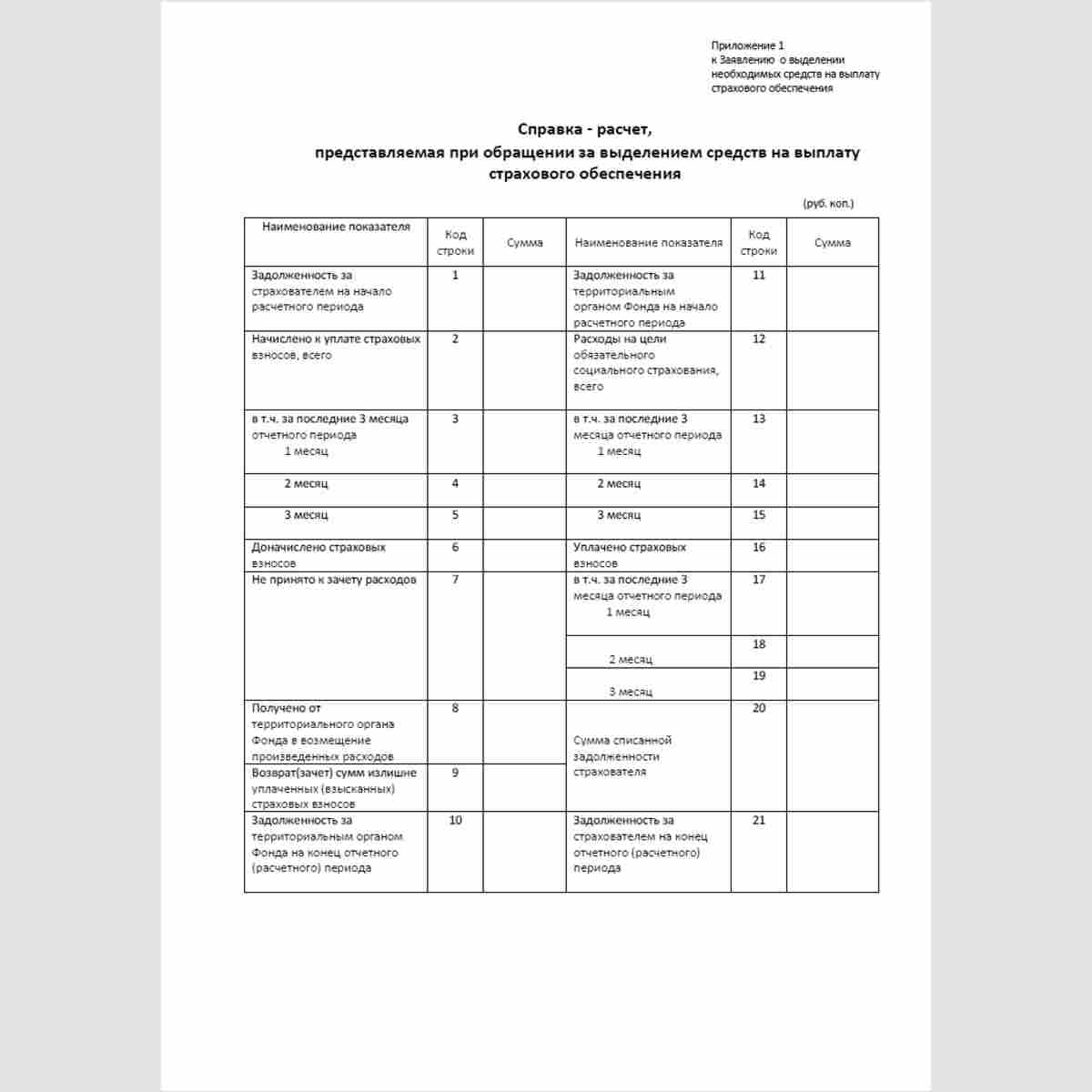 Форма "Справка-расчет, представляемая при обращении за выделением средств на выплату страхового обеспечения"
