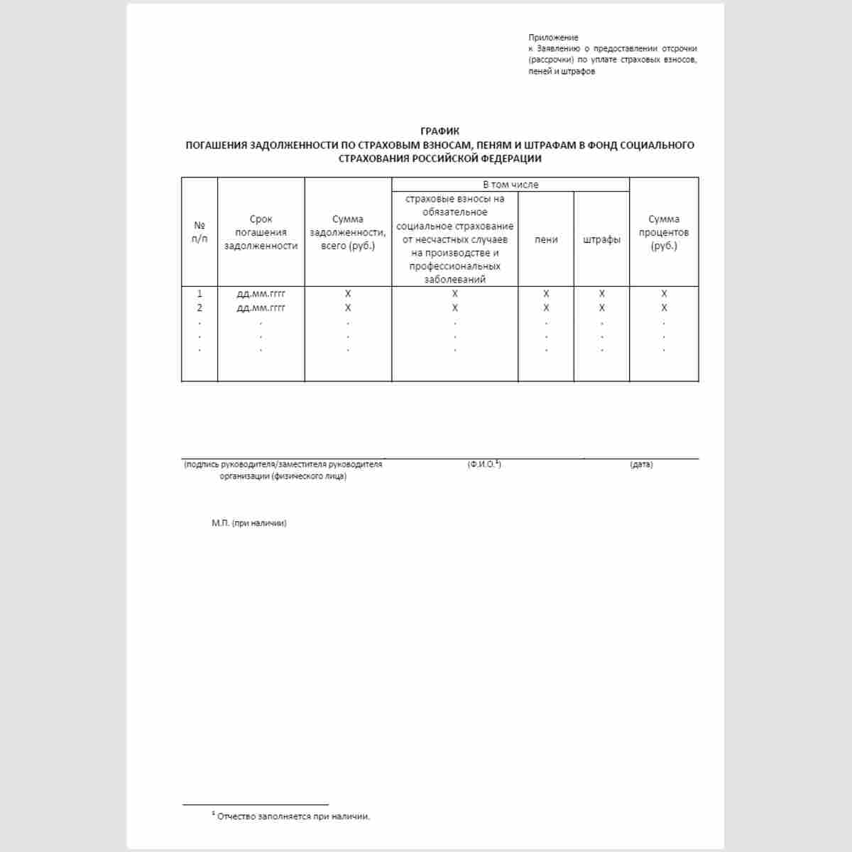 Форма "График погашения задолженности по страховым взносам, пеням, штрафам в Фонд социального страхования Российской Федерации"