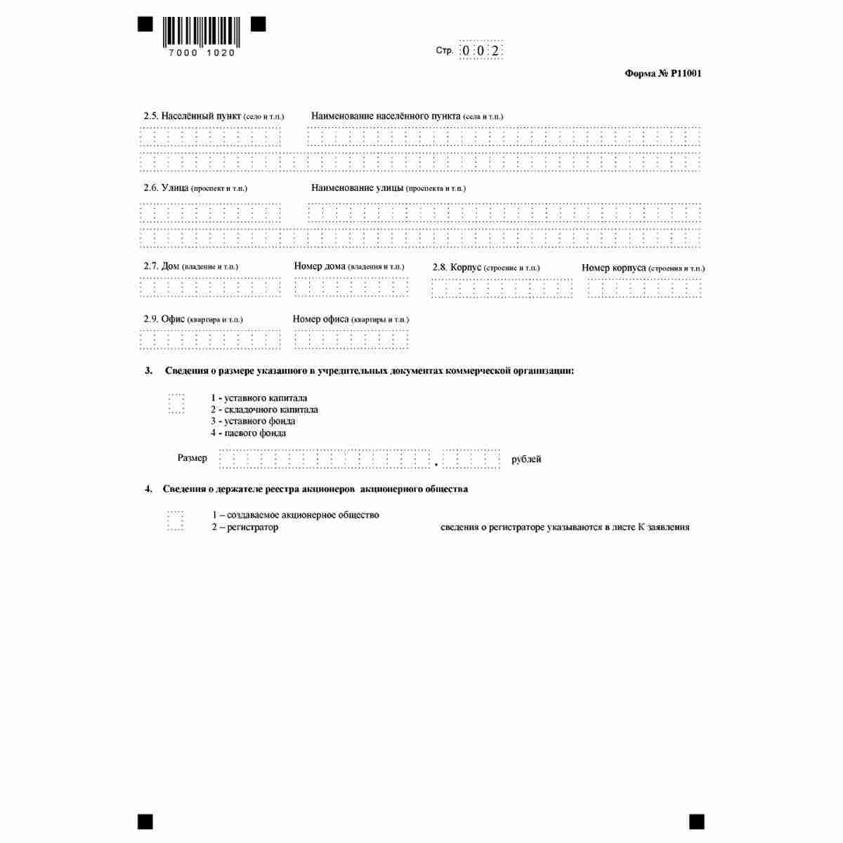 Форма №Р11001 "Заявление о государственной регистрации юридического лица при создании" (КНД 1111501). Стр. 