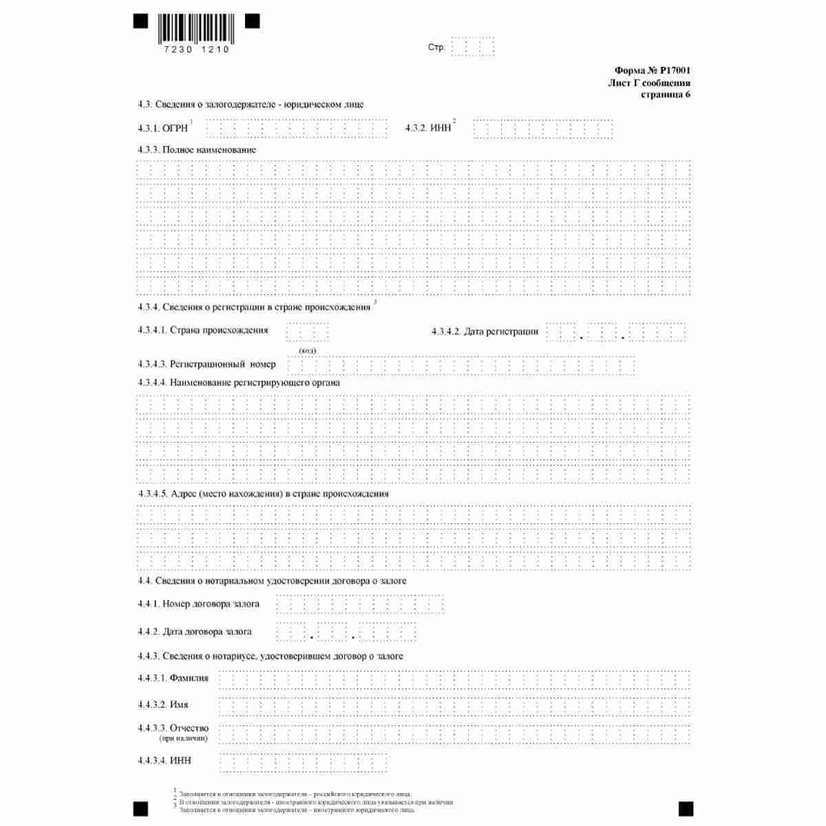 Форма №Р17001 "Сообщение сведений о юридическом лице, зарегистрированном до 1 июля 2002 года" (КНД 1111517). Лист Г. "Сведения об участнике - Российской Федерации, субъекте Российской Федерации, муниципальном образовании". Стр 6