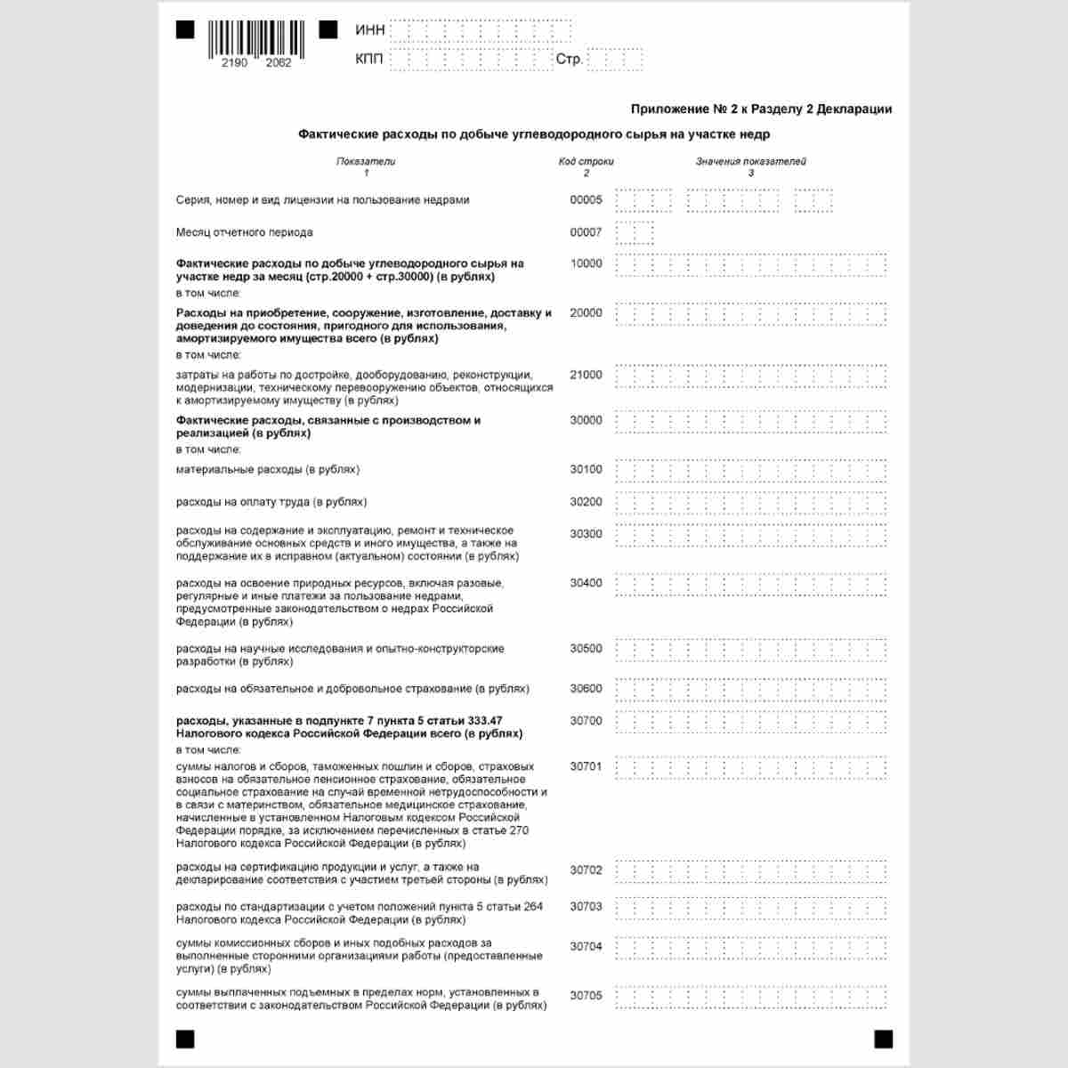 Форма КНД 1151029 "Налоговая декларация по налогу на дополнительный доход от добычи углеводородного сырья". Приложение №2 к Разделу 2