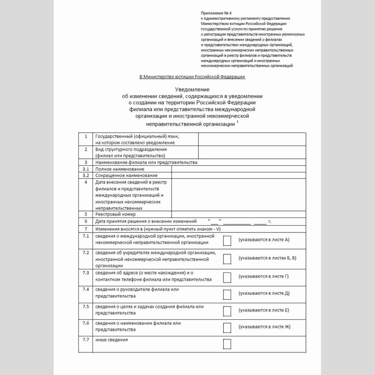 Форма "Уведомление об изменении сведений, содержащихся в уведомлении о создании на территории Российской Федерации филиала или представительства международной организации и иностранной некоммерческой неправительственной организации". Стр. 1
