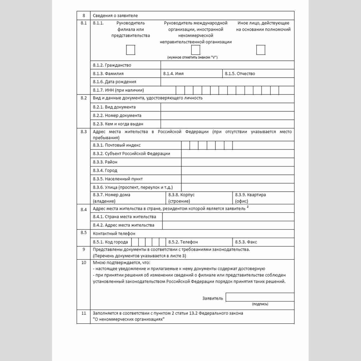 Форма "Уведомление об изменении сведений, содержащихся в уведомлении о создании на территории Российской Федерации филиала или представительства международной организации и иностранной некоммерческой неправительственной организации". Стр. 2