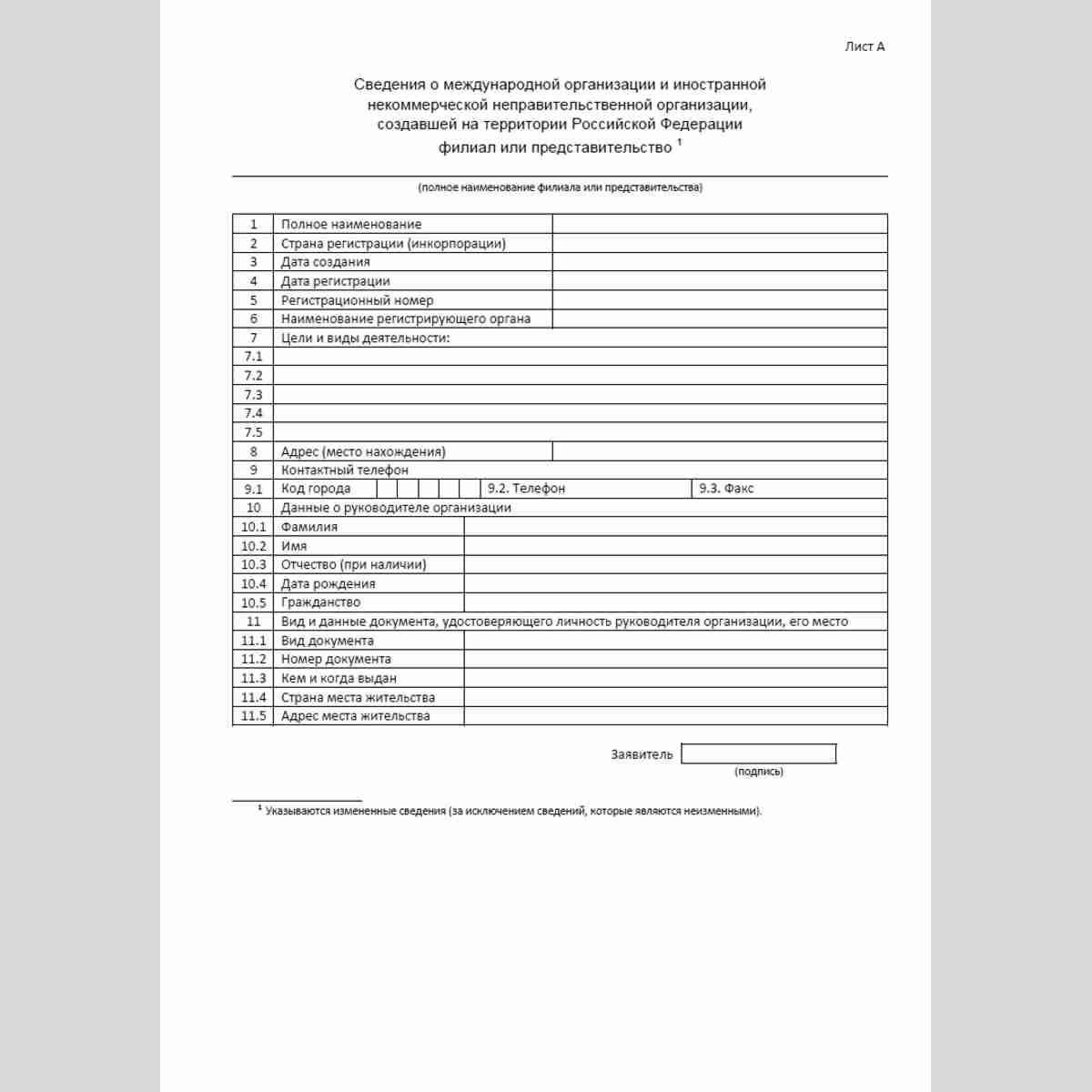 Форма "Уведомление об изменении сведений, содержащихся в уведомлении о создании на территории Российской Федерации филиала или представительства международной организации и иностранной некоммерческой неправительственной организации". Лист А