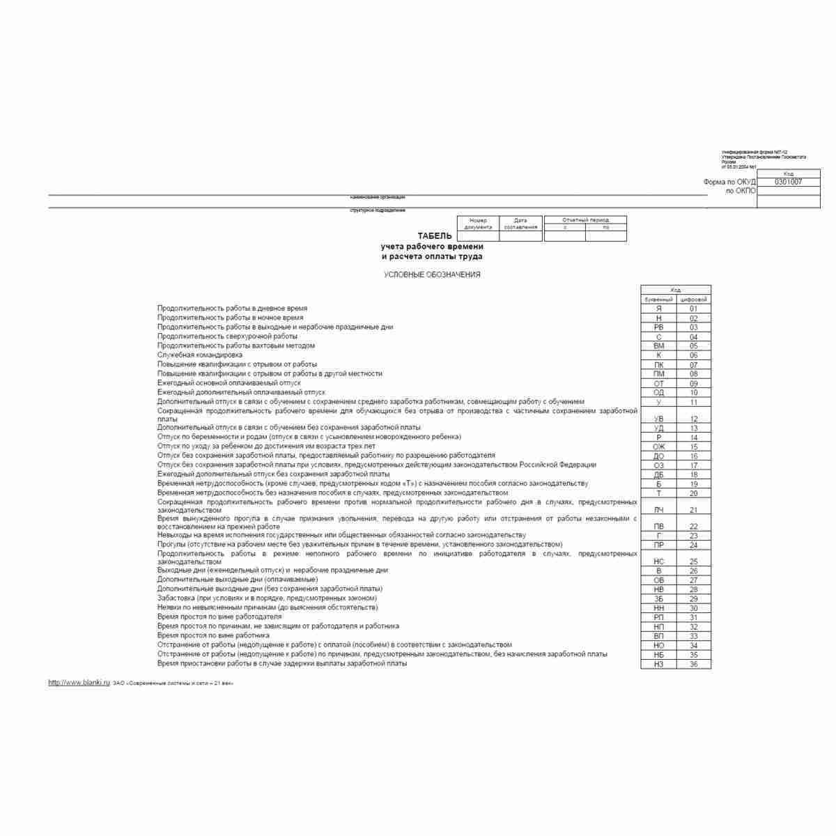 Унифицированная форма №Т-12 "Табель учета рабочего времени и расчета оплаты труда". Страница 1