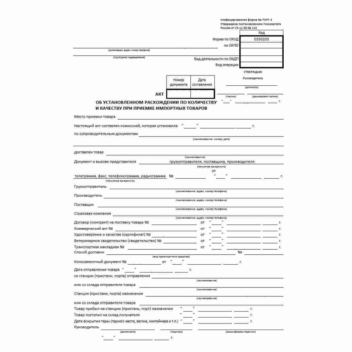Унифицированная форма первичной учетной документации №ТОРГ-3 "Акт об установленном расхождении по количеству и качеству при приемке импортных товаров" (ОКУД 0330203) . Стр. 1