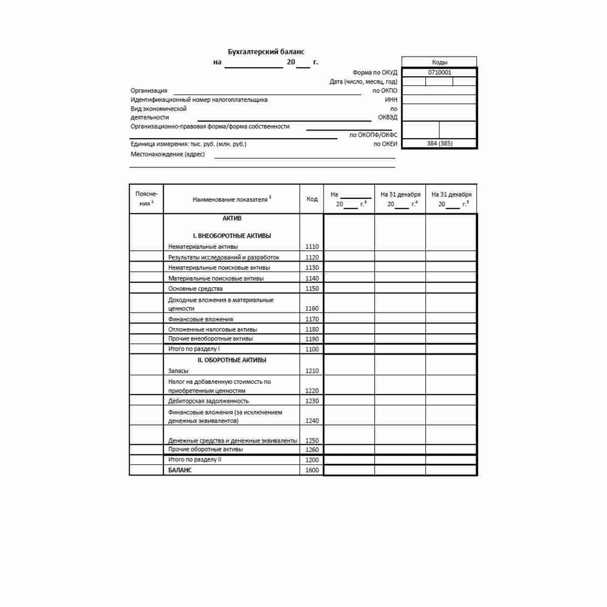 Форма "Бухгалтерский баланс" (ОКУД 0710001). Стр. 1