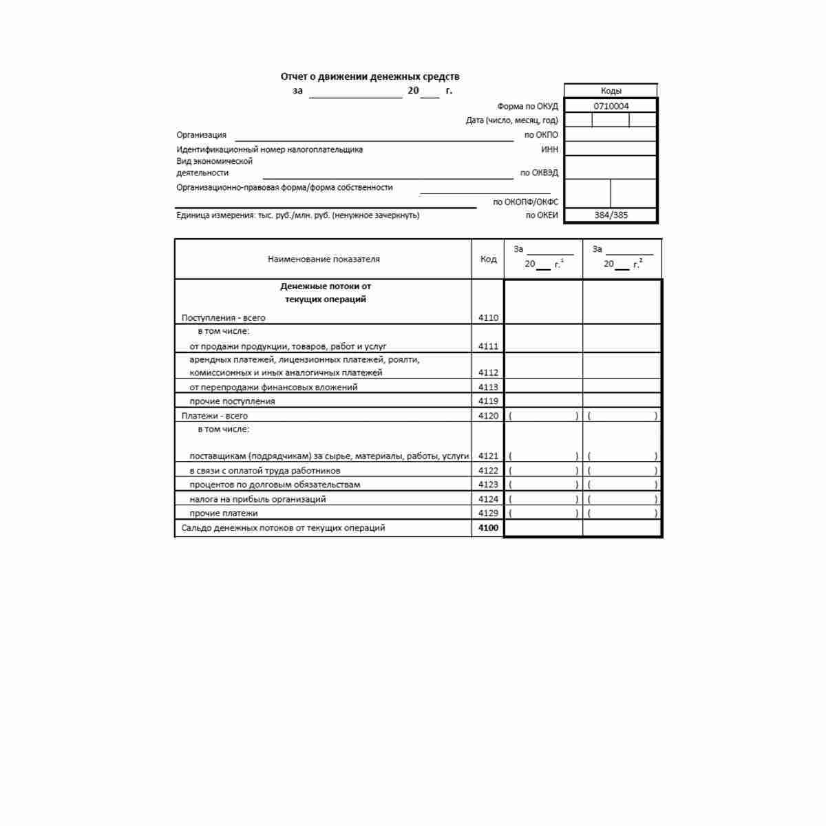 Форма "Отчет о движении денежных средств" (ОКУД 0710004). Стр. 1