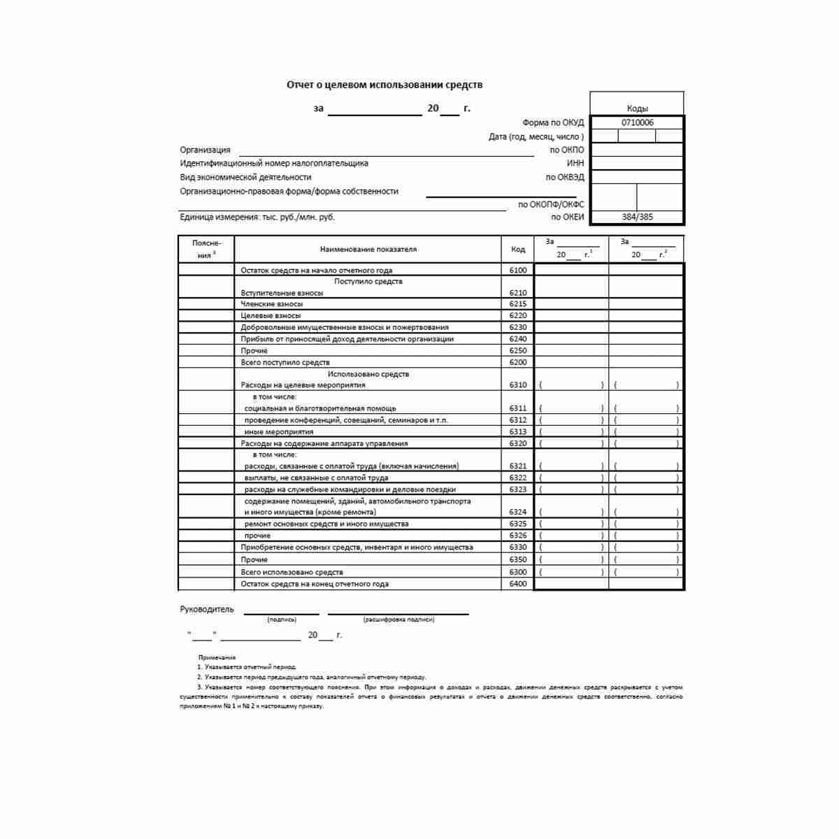 Форма "Отчет о целевом использовании средств" (ОКУД 0710006)