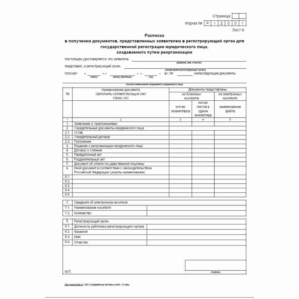 Форма №Р12001 "Заявление о государственной регистрации юридического лица, создаваемого путем реорганизации". Лист К "Расписка в получении документов, представленных заявителем в регистрирующий орган для государственной регистрации юридического лица, созда