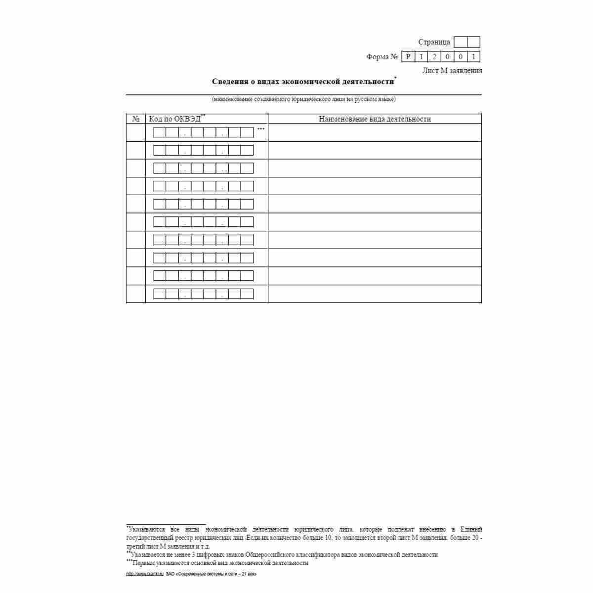 Форма №Р12001 (рекомендованная) "Заявление о государственной регистрации юридического лица, создаваемого путем реорганизации". Лист М "Сведения о видах экономической деятельности"
