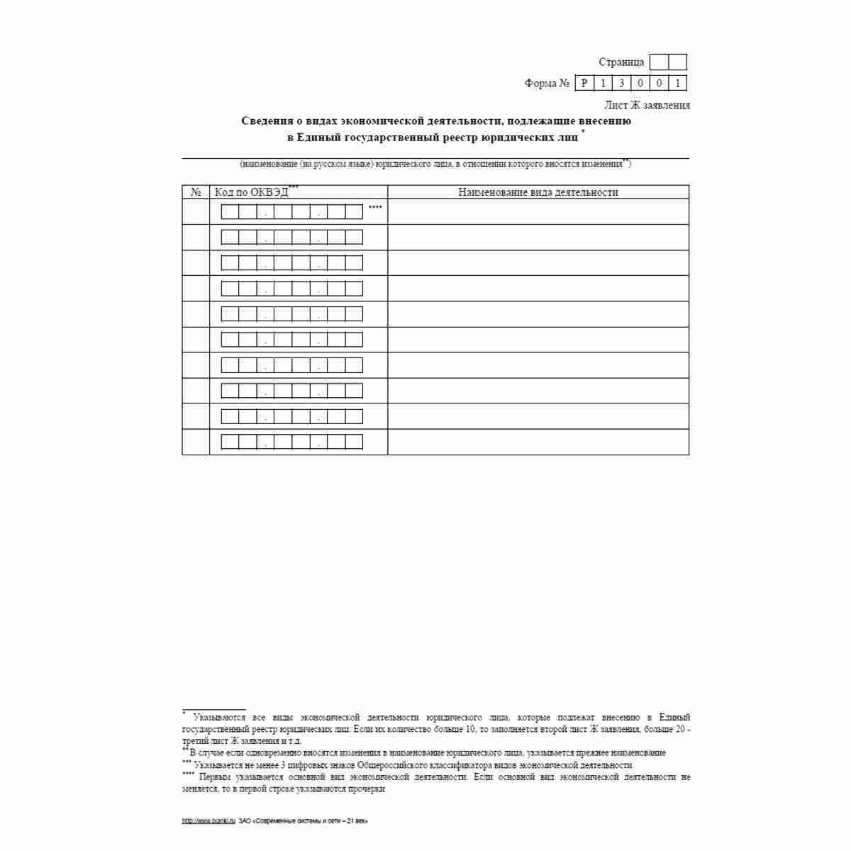 Форма №Р13001 (рекомендованная) "Заявление о государственной регистрации изменений, вносимых в учредительные документы юридического лица". Лист Ж "Сведения о видах экономической деятельности, подлежащие внесению в Единый государственный реестр юридических