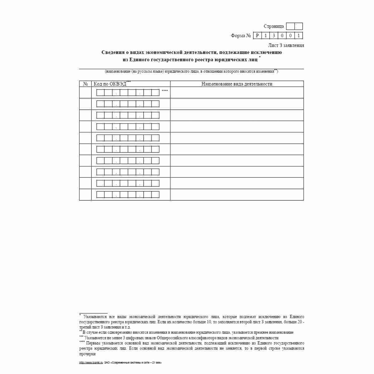Форма №Р13001 (рекомендованная) "Заявление о государственной регистрации изменений, вносимых в учредительные документы юридического лица". Лист З "Сведения о видах экономической деятельности, подлежащие исключению из Единого государственного реестра юриди