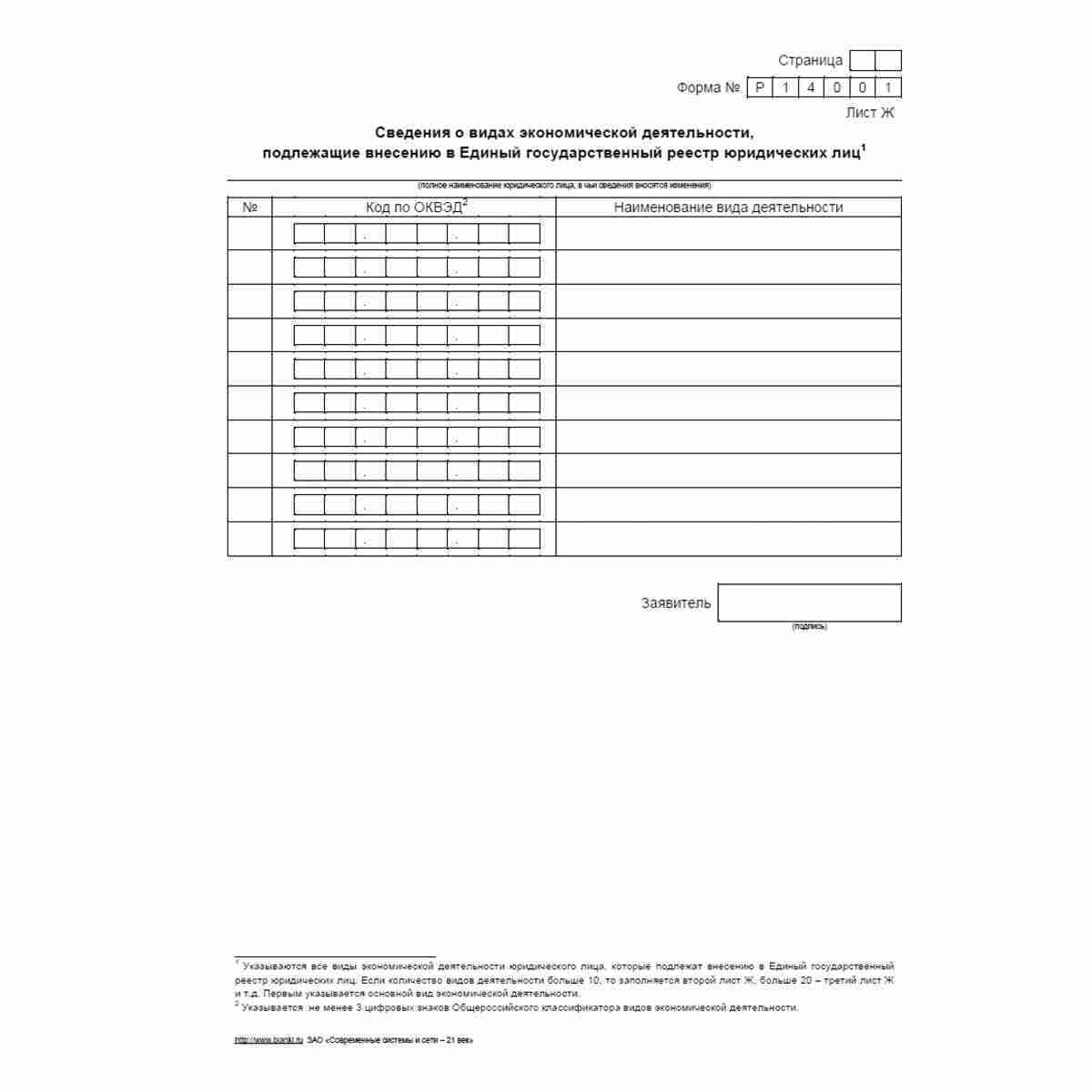 Форма №Р14001 "Заявление о внесении в Единый государственный реестр юридических лиц изменений в сведения о юридическом лице, не связанных с внесением изменений в учредительные документы". Лист Ж "Сведения о видах экономической деятельности, подлежащие вне