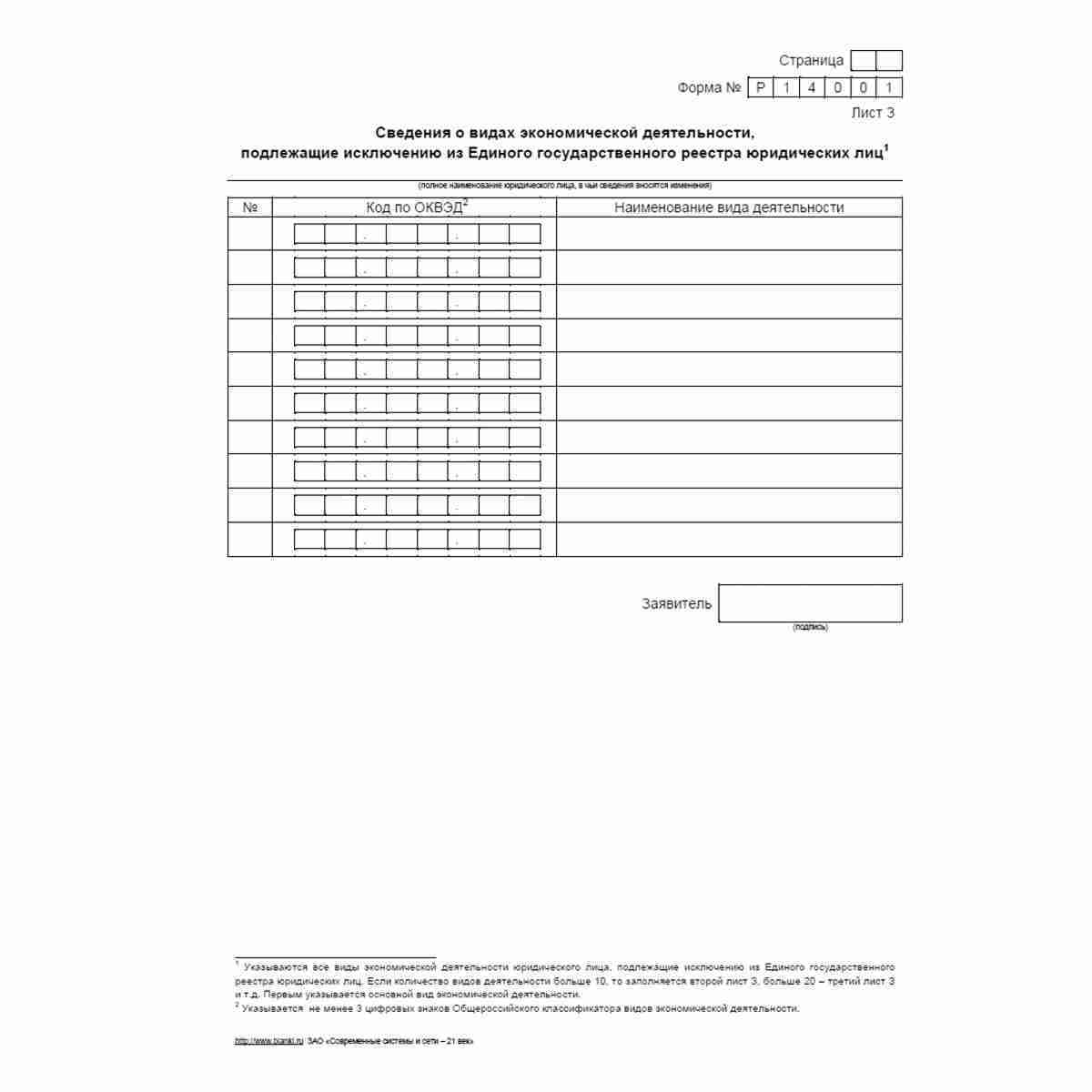 Форма №Р14001 "Заявление о внесении в Единый государственный реестр юридических лиц изменений в сведения о юридическом лице, не связанных с внесением изменений в учредительные документы". Лист З "Сведения о видах экономической деятельности, подлежащие иск