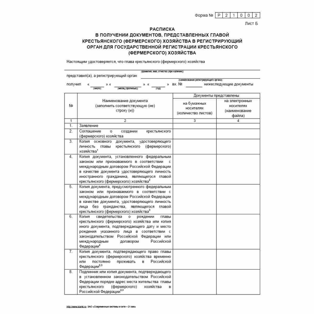 Форма №Р21002 "Заявление о государственной регистрации крестьянского (фермерского) хозяйства". Лист Б "Расписка в получении документов, представленных главой крестьянского (фермерского) хозяйства в регистрирующий орган для государственной регистрации крес