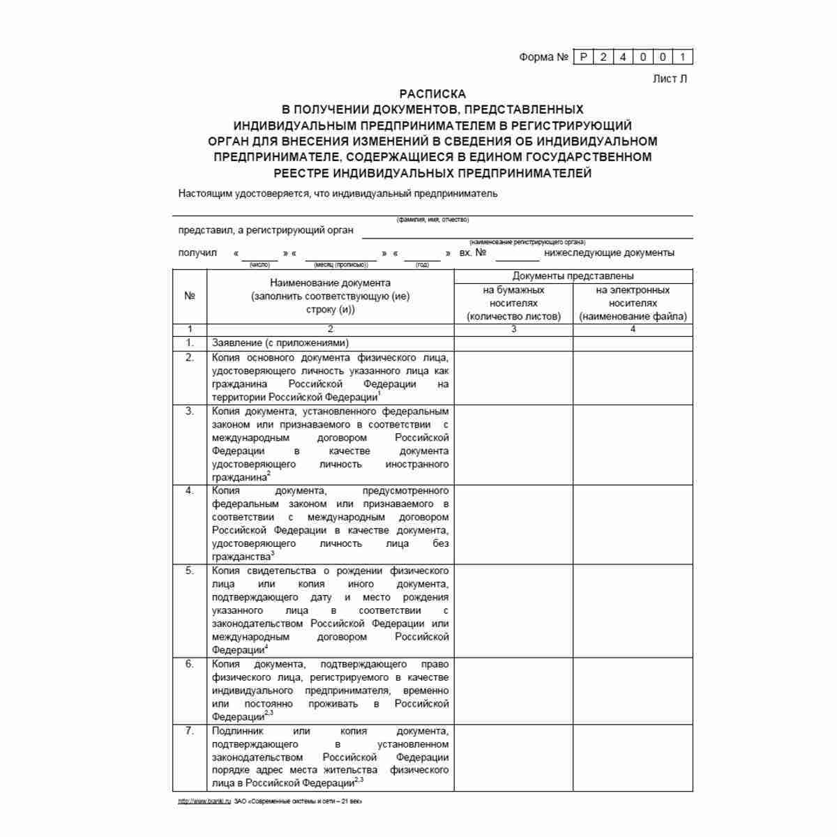 Форма №Р24001 "Заявление о внесении изменений в сведения об индивидуальном предпринимателе, содержащиеся в Едином государственном реестре индивидуальных предпринимателей". Лист Л страница 1