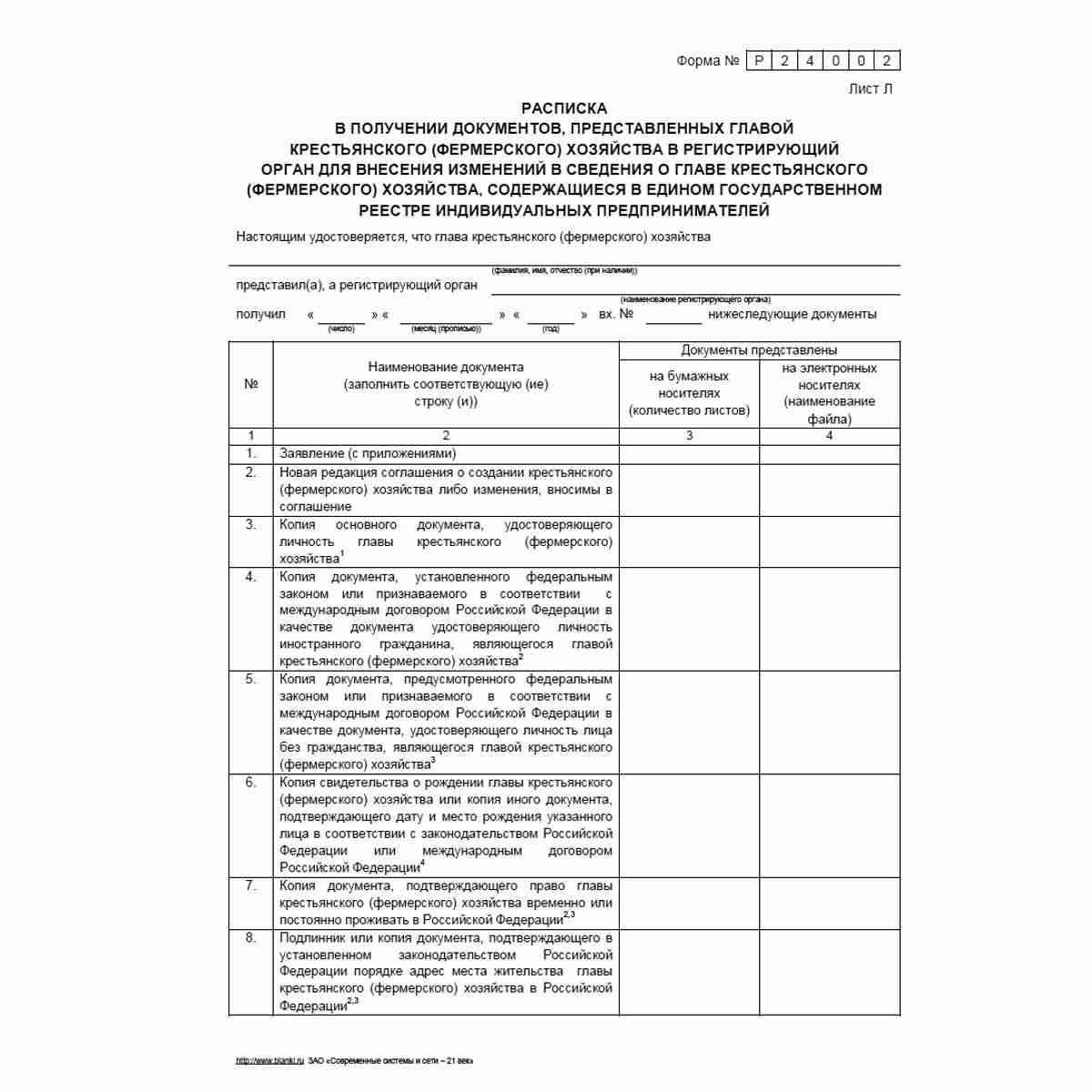 Форма №Р24002 "Заявление о внесении изменений в сведения о главе крестьянского (фермерского) хозяйства, содержащиеся в Едином государственном реестре индивидуальных предпринимателей". Лист Л "Расписка в получении документов, представленных главой крестьян