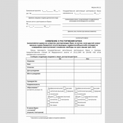 Форма №11 "Заявление о расторжении брака" (от одного из супругов, расторгающих брак, в случае, если другой супруг признан судом безвестно отсутствующим, недееспособным либо осужден за совершение преступления к лишению свободы на срок свыше трех лет)