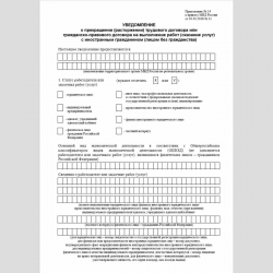 Форма "Уведомление о прекращении (расторжении) трудового договора или гражданско-правового договора на выполнение работ (оказание услуг) с иностранным гражданином (лицом без гражданства)". Стр. 1